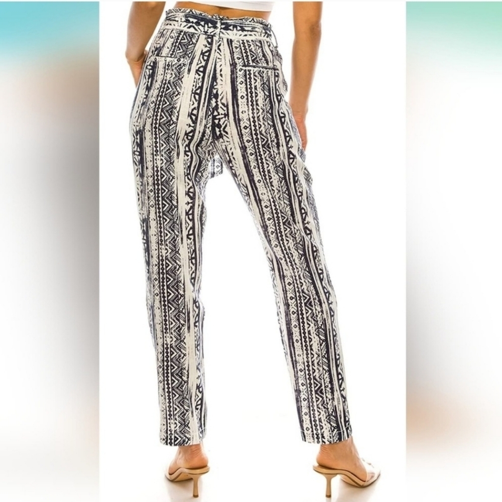 Cali 1850 Linen Blend Boho Paperbag Waist Pants Size M Blue White Print #1094 - Picture 2 of 8